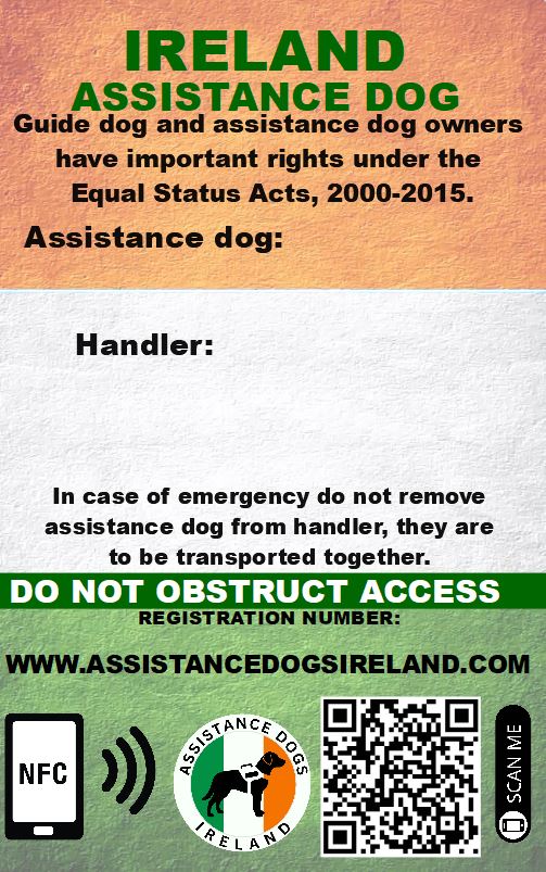 Assistance Dogs Ireland Handler card — handler identification with photo, registration number, and emergency contact